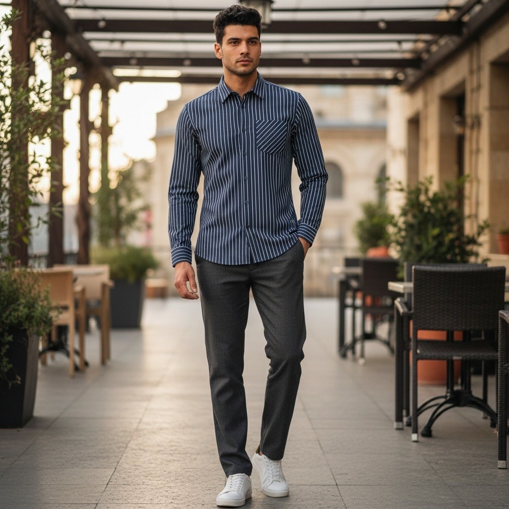 Scotch & Soda Mens Navy Blue White Striped Long Sleeve Button Down Shirt Regular